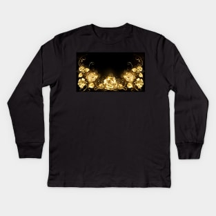 Black Background with Gold Roses Kids Long Sleeve T-Shirt